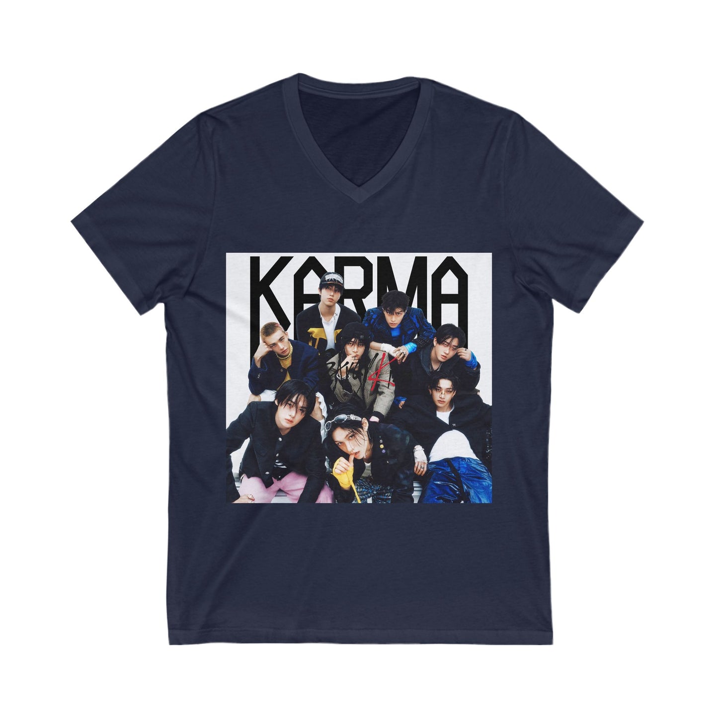 Karma V-Neck Tee for Fans, Unisex Fashion Top, Casual Streetwear, Perfect Gift for Music Lovers, Comfortable & Stylish, stray kids, k-pop universe