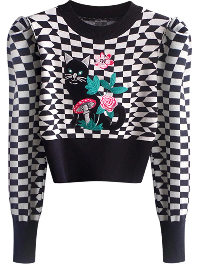 Korea Fashion Cartoon Cat Embroidery Knitwear Women's Autumn/Winter Plaid Bubble Sleeve Casual Short High Waist Pullover Top