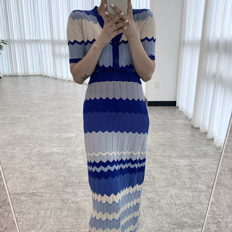 Korean Style Chic French Retro V-Neck Color Block Wavy Pattern Short Sleeve Knit Top + High Waist Slim Fit Pencil Skirt