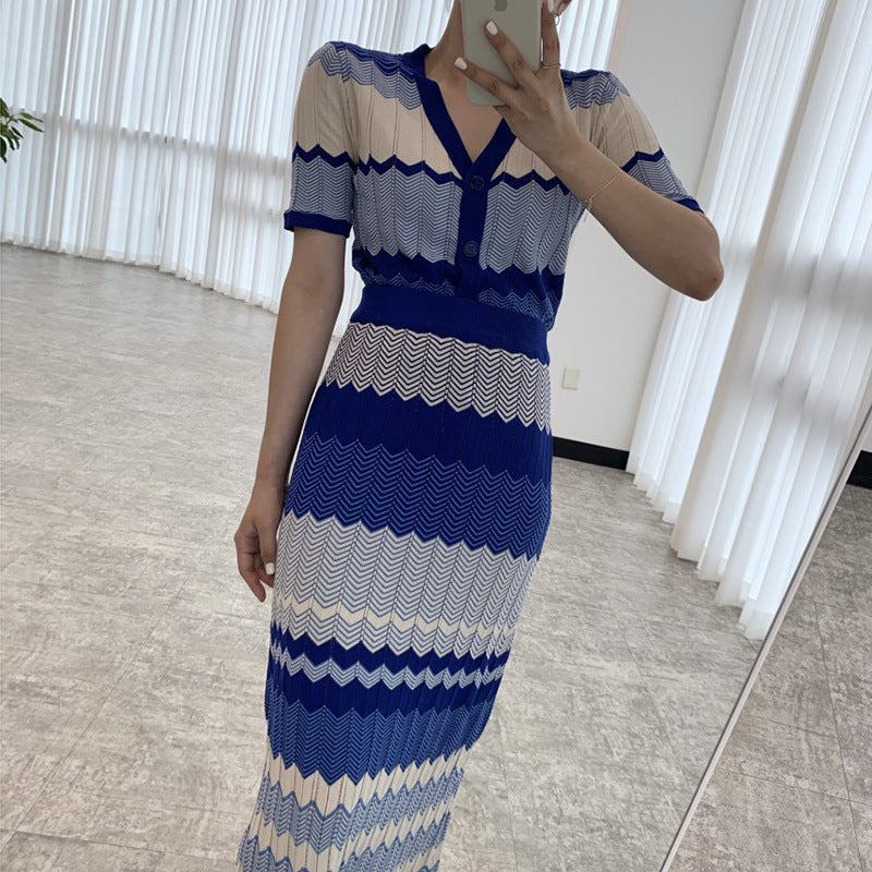 Korean Style Chic French Retro V-Neck Color Block Wavy Pattern Short Sleeve Knit Top + High Waist Slim Fit Pencil Skirt