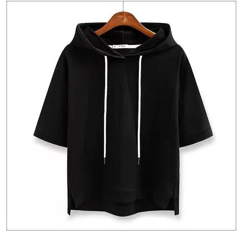 Cotton Korean Style Hoodie Loose Solid Color New Spring Summer Half Sleeve Slit Five-Quarter Sleeve T-Shirt Top Women's Clothing
