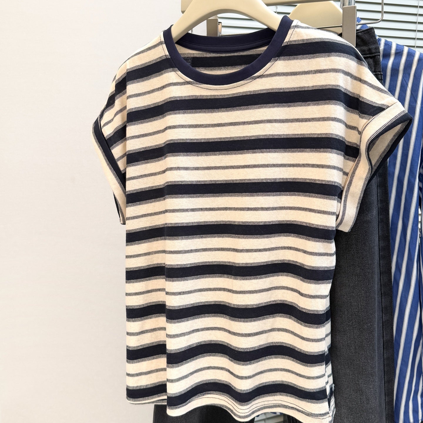 Style Real Shot Color Block Stripe Round Neck Flutter Sleeve T-Shirt Women Loose Korean Version Versatile Regular Shoulder Short Sleeve
