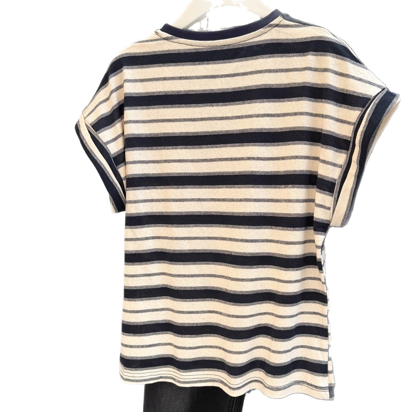 Style Real Shot Color Block Stripe Round Neck Flutter Sleeve T-Shirt Women Loose Korean Version Versatile Regular Shoulder Short Sleeve