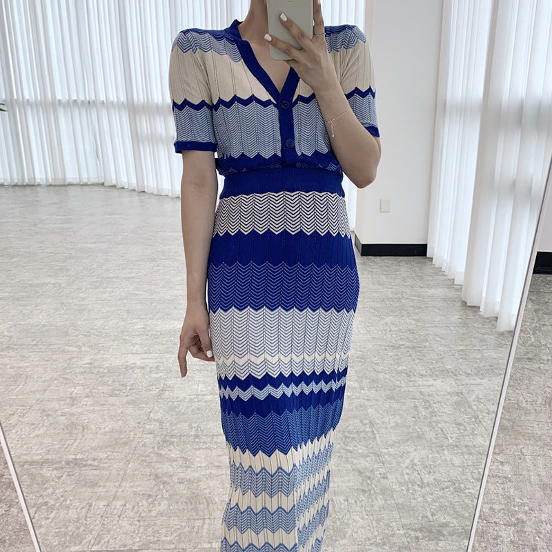 Korean Style Chic French Retro V-Neck Color Block Wavy Pattern Short Sleeve Knit Top + High Waist Slim Fit Pencil Skirt