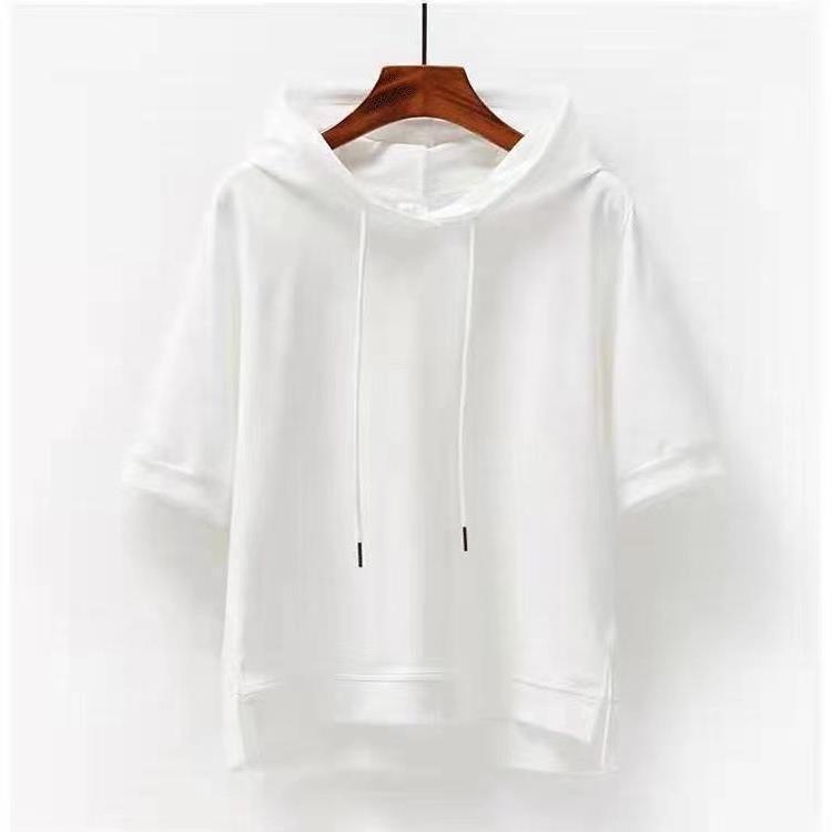Cotton Korean Style Hoodie Loose Solid Color New Spring Summer Half Sleeve Slit Five-Quarter Sleeve T-Shirt Top Women's Clothing