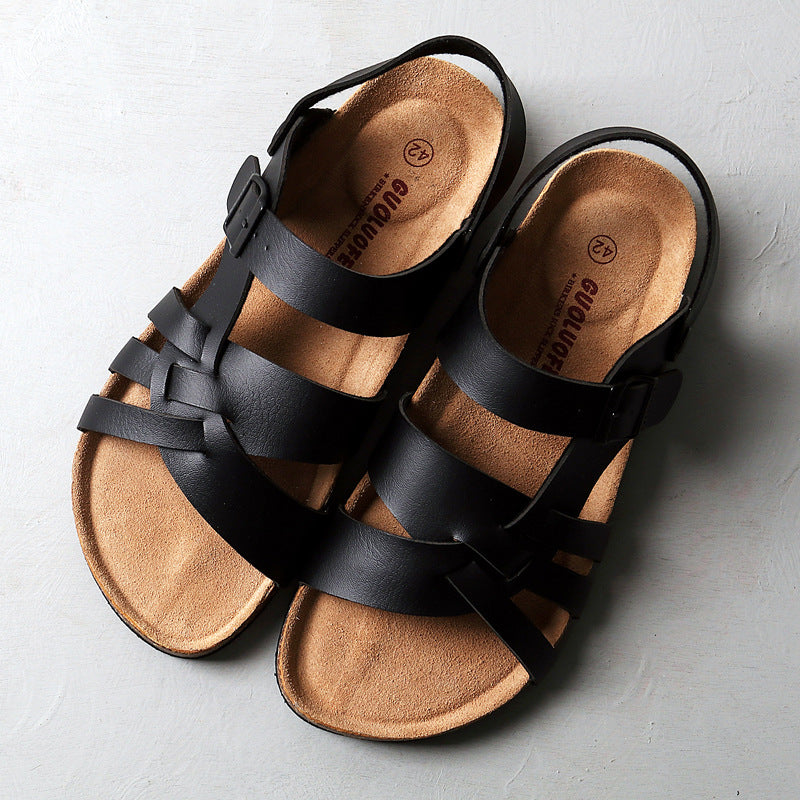 Cork Sandals Men Hollow Two-Way Men Summer Large Size Flat Sandals Beach Shoes