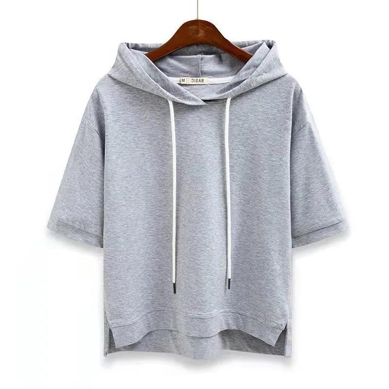 Cotton Korean Style Hoodie Loose Solid Color New Spring Summer Half Sleeve Slit Five-Quarter Sleeve T-Shirt Top Women's Clothing