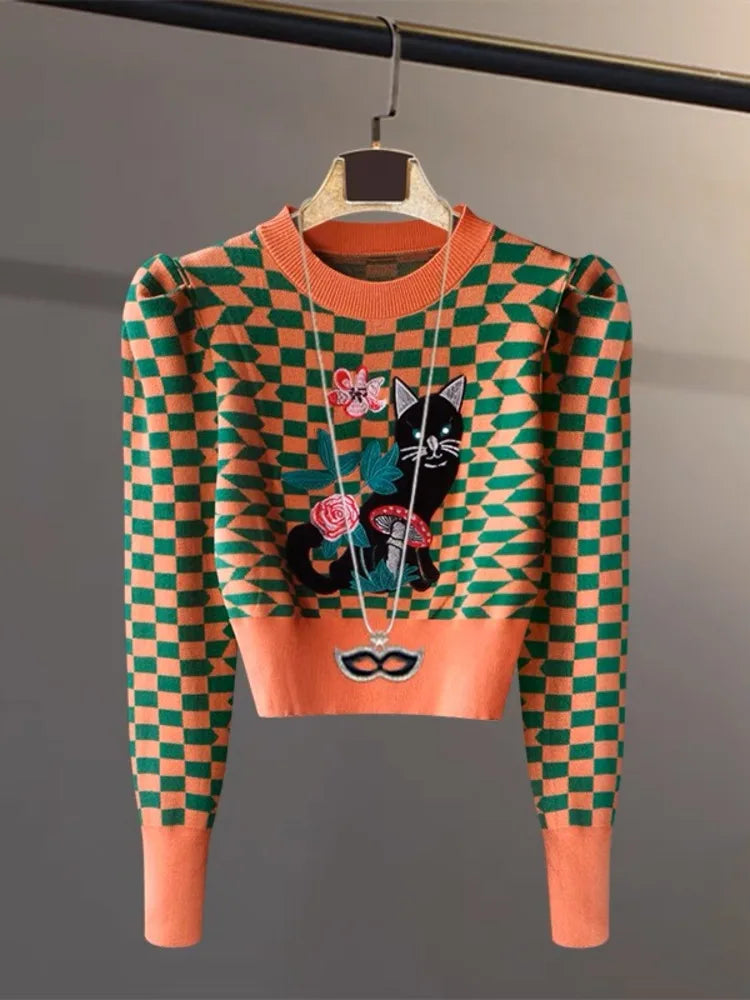 Korea Fashion Cartoon Cat Embroidery Knitwear Women's Autumn/Winter Plaid Bubble Sleeve Casual Short High Waist Pullover Top