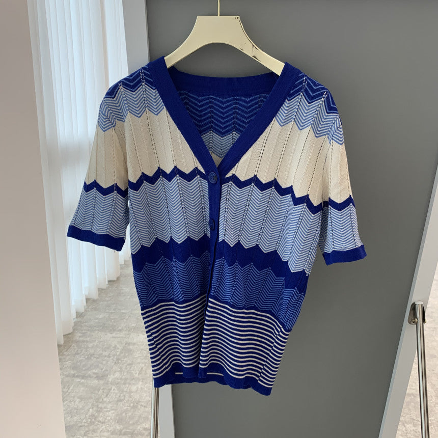 Korean Style Chic French Retro V-Neck Color Block Wavy Pattern Short Sleeve Knit Top + High Waist Slim Fit Pencil Skirt