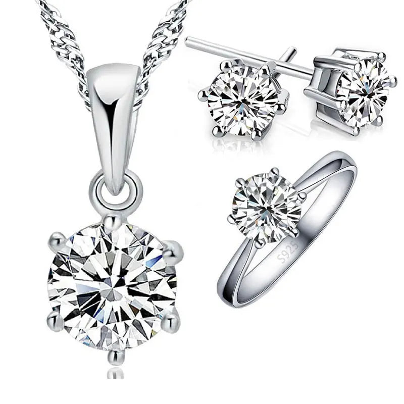 925 Sterling Silver Bridal Jewelry Sets for Women Accessory Cubic Zircon Crystal Necklace Rings Stud Earrings Ring GiftWomen Accessory Cubic Zircon Crystal Necklace Rings Stud Earrings Ring Gift