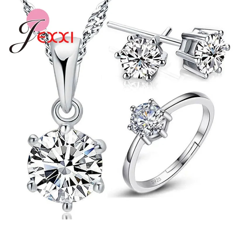 925 Sterling Silver Bridal Jewelry Sets for Women Accessory Cubic Zircon Crystal Necklace Rings Stud Earrings Ring GiftWomen Accessory Cubic Zircon Crystal Necklace Rings Stud Earrings Ring Gift