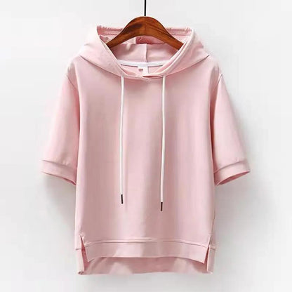Cotton Korean Style Hoodie Loose Solid Color New Spring Summer Half Sleeve Slit Five-Quarter Sleeve T-Shirt Top Women's Clothing