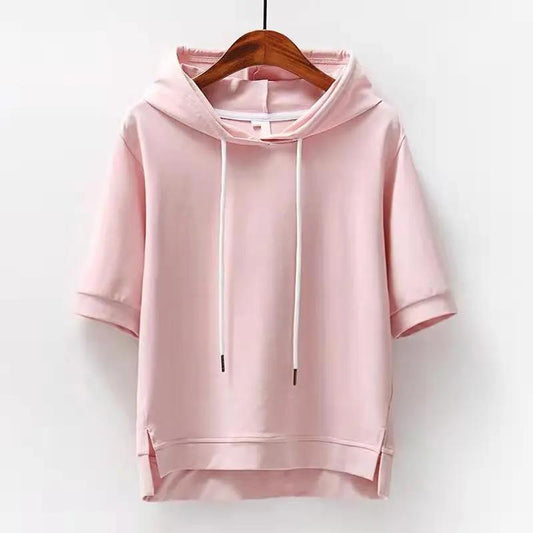 Cotton Korean Style Hoodie Loose Solid Color New Spring Summer Half Sleeve Slit Five-Quarter Sleeve T-Shirt Top Women's Clothing