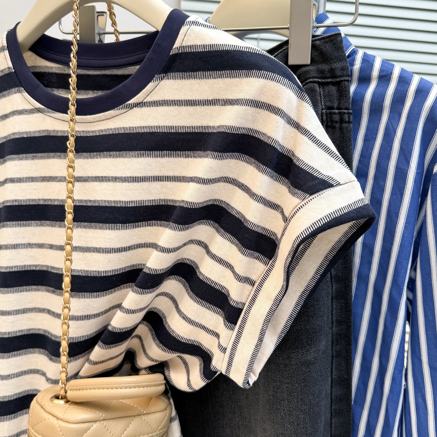 Style Real Shot Color Block Stripe Round Neck Flutter Sleeve T-Shirt Women Loose Korean Version Versatile Regular Shoulder Short Sleeve