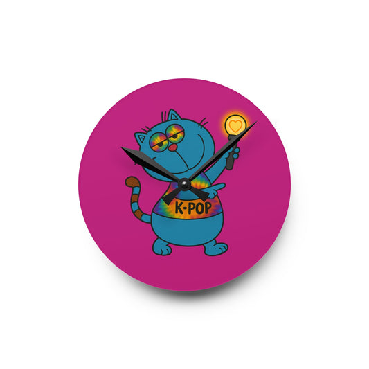 K-Pop Cat Acrylic Wall Clock, Cute Home Decor, Fun Wall Art, Unique Gift for Cat Lovers, K-Pop Fan Merchandise, Colorful Clock