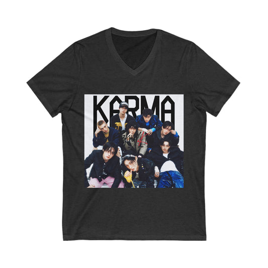Karma V-Neck Tee for Fans, Unisex Fashion Top, Casual Streetwear, Perfect Gift for Music Lovers, Comfortable & Stylish, stray kids, k-pop universe