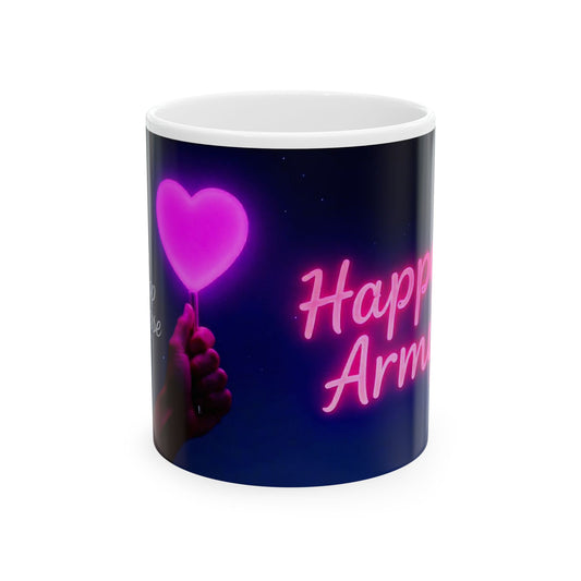 Happy Arms Neon Mug - Cute Ceramic Coffee Cup, Gift for Friends, Valentine's Day, Home Decor, Birthday Present, BTS,BTS army, k-pop universe