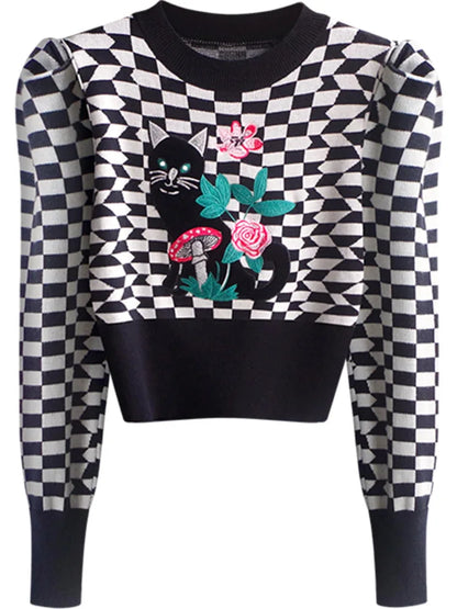 Korea Fashion Cartoon Cat Embroidery Knitwear Women's Autumn/Winter Plaid Bubble Sleeve Casual Short High Waist Pullover Top