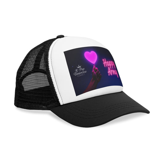 K-Pop Army Love Mesh Cap | Trendy Trucker Hat for Fans | Festival Accessory | Gift for Music Lovers | Adjustable Hat with Heart Design