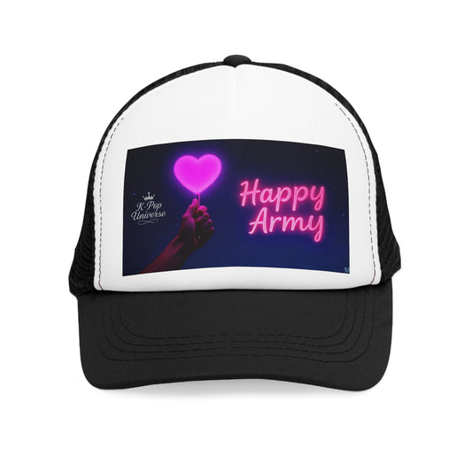 K-Pop Army Love Mesh Cap | Trendy Trucker Hat for Fans | Festival Accessory | Gift for Music Lovers | Adjustable Hat with Heart Design