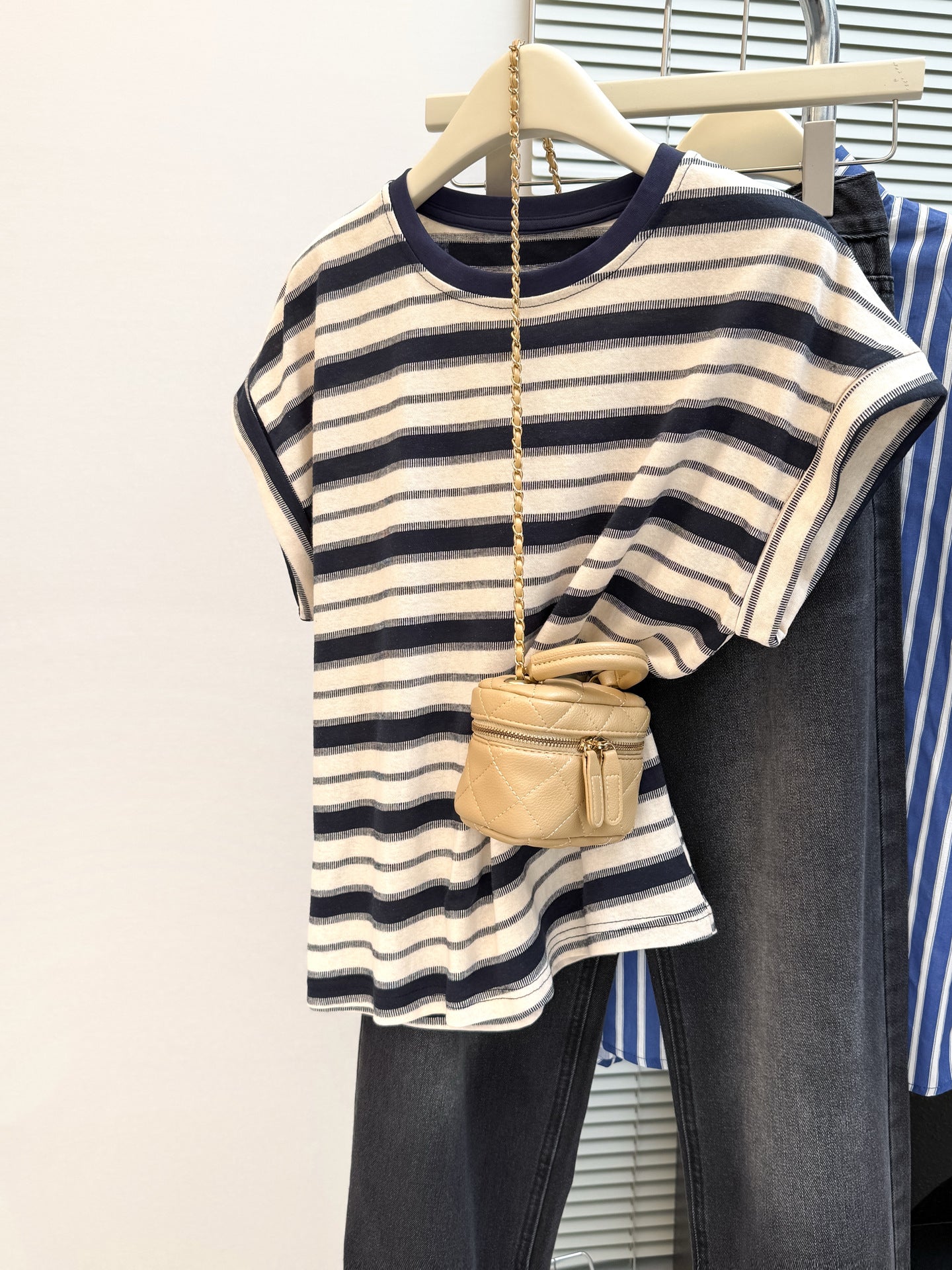Style Real Shot Color Block Stripe Round Neck Flutter Sleeve T-Shirt Women Loose Korean Version Versatile Regular Shoulder Short Sleeve