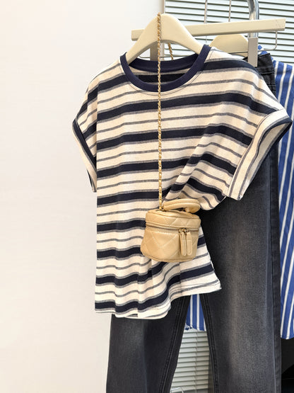 Style Real Shot Color Block Stripe Round Neck Flutter Sleeve T-Shirt Women Loose Korean Version Versatile Regular Shoulder Short Sleeve