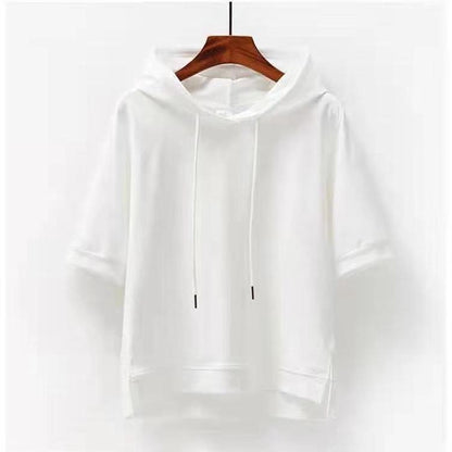 Cotton Korean Style Hoodie Loose Solid Color New Spring Summer Half Sleeve Slit Five-Quarter Sleeve T-Shirt Top Women's Clothing