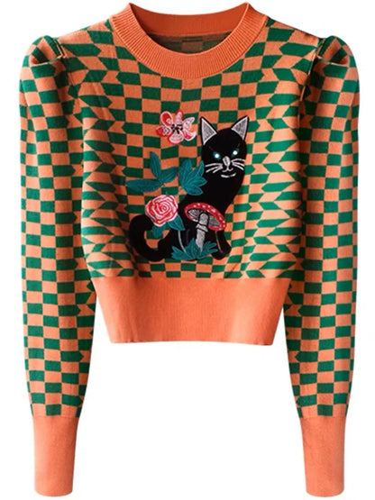 Korea Fashion Cartoon Cat Embroidery Knitwear Women's Autumn/Winter Plaid Bubble Sleeve Casual Short High Waist Pullover Top