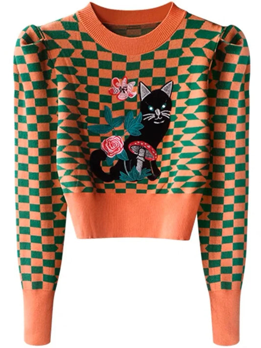 Korea Fashion Cartoon Cat Embroidery Knitwear Women's Autumn/Winter Plaid Bubble Sleeve Casual Short High Waist Pullover Top