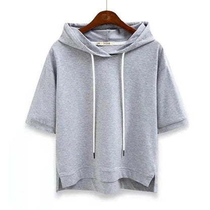 Cotton Korean Style Hoodie Loose Solid Color New Spring Summer Half Sleeve Slit Five-Quarter Sleeve T-Shirt Top Women's Clothing