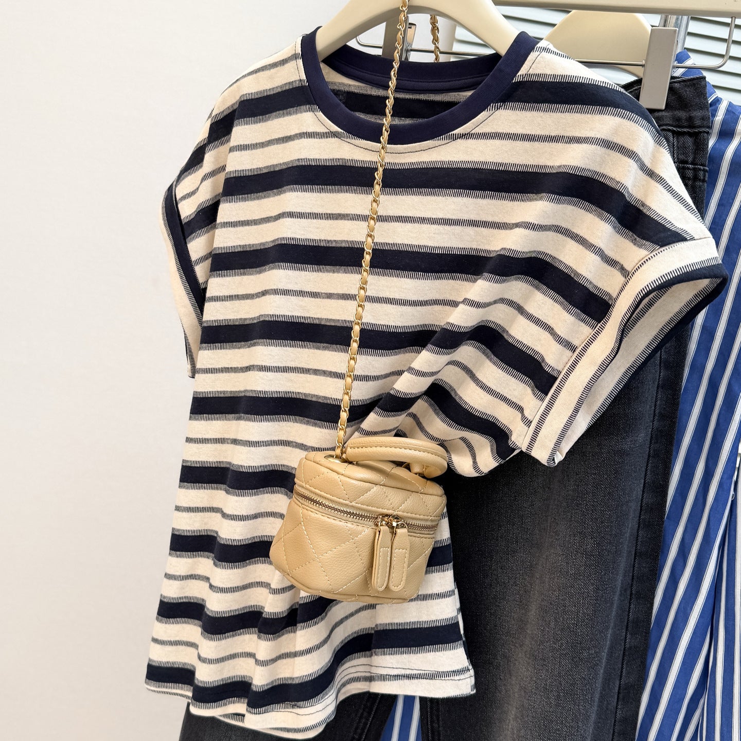 Style Real Shot Color Block Stripe Round Neck Flutter Sleeve T-Shirt Women Loose Korean Version Versatile Regular Shoulder Short Sleeve