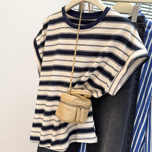 Style Real Shot Color Block Stripe Round Neck Flutter Sleeve T-Shirt Women Loose Korean Version Versatile Regular Shoulder Short Sleeve