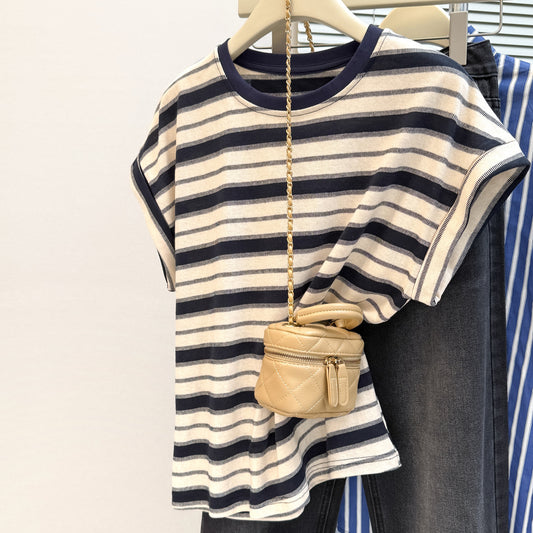 Style Real Shot Color Block Stripe Round Neck Flutter Sleeve T-Shirt Women Loose Korean Version Versatile Regular Shoulder Short Sleeve
