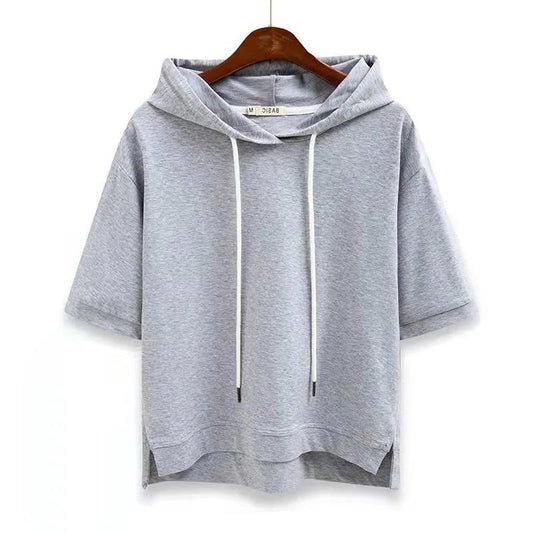 Cotton Korean Style Hoodie Loose Solid Color New Spring Summer Half Sleeve Slit Five-Quarter Sleeve T-Shirt Top Women's Clothing