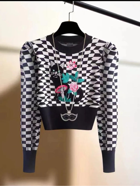 Korea Fashion Cartoon Cat Embroidery Knitwear Women's Autumn/Winter Plaid Bubble Sleeve Casual Short High Waist Pullover Top
