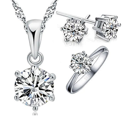 925 Sterling Silver Bridal Jewelry Sets for Women Accessory Cubic Zircon Crystal Necklace Rings Stud Earrings Ring GiftWomen Accessory Cubic Zircon Crystal Necklace Rings Stud Earrings Ring Gift