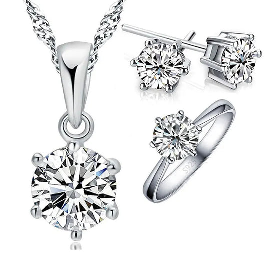 925 Sterling Silver Bridal Jewelry Sets for Women Accessory Cubic Zircon Crystal Necklace Rings Stud Earrings Ring GiftWomen Accessory Cubic Zircon Crystal Necklace Rings Stud Earrings Ring Gift