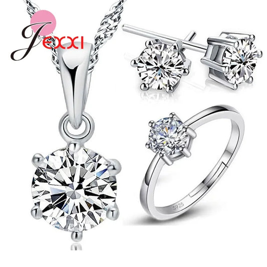 925 Sterling Silver Bridal Jewelry Sets for Women Accessory Cubic Zircon Crystal Necklace Rings Stud Earrings Ring GiftWomen Accessory Cubic Zircon Crystal Necklace Rings Stud Earrings Ring Gift