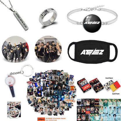 Kpop Gifts Set for Ateez Photocard Stickers Bracelet Face Shield Rings Pendant Necklace Button Pin Phone Ring Holder Keychain